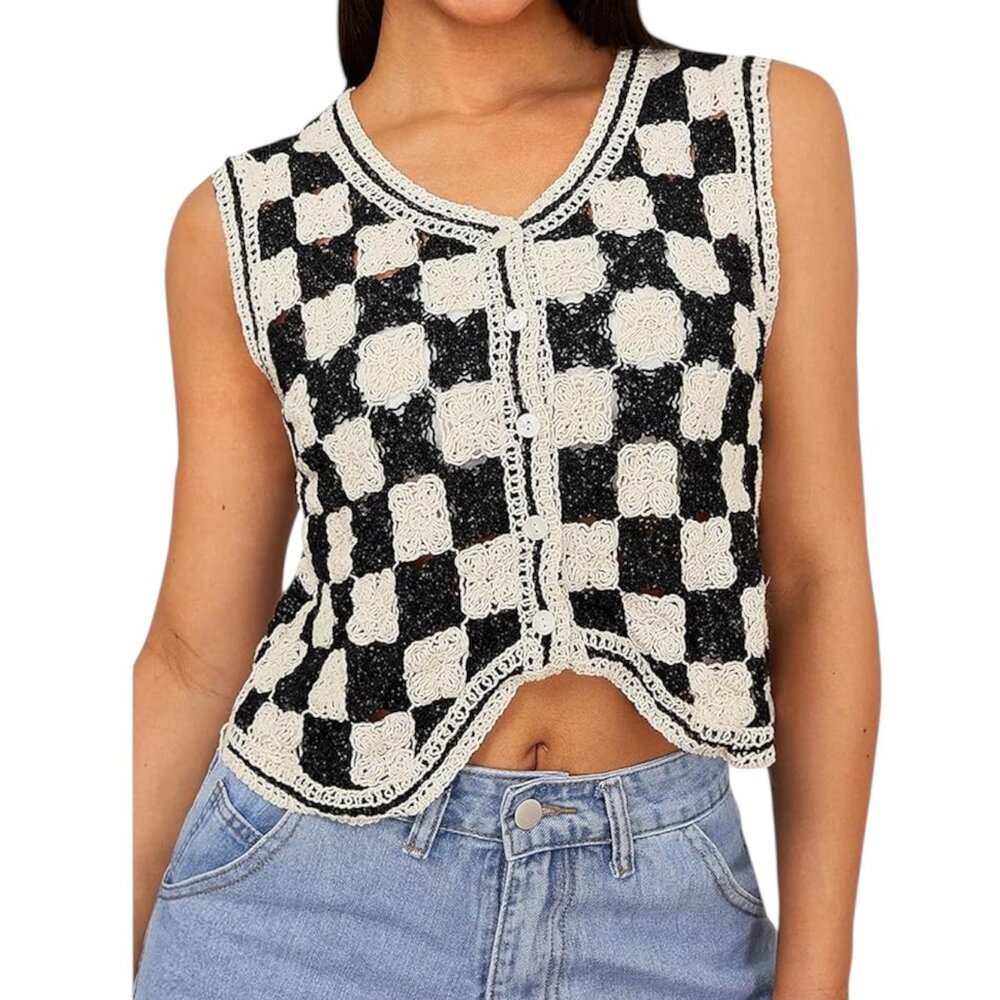 SHEIN Crochet Knit Vest Women Medium Black Cream Checkered Button Front Festival